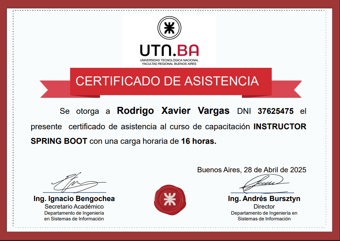 Certificado Curso de Instructor Spring Boot - UTN Buenos Aires